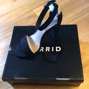 Black ankle strap suede sandal heel